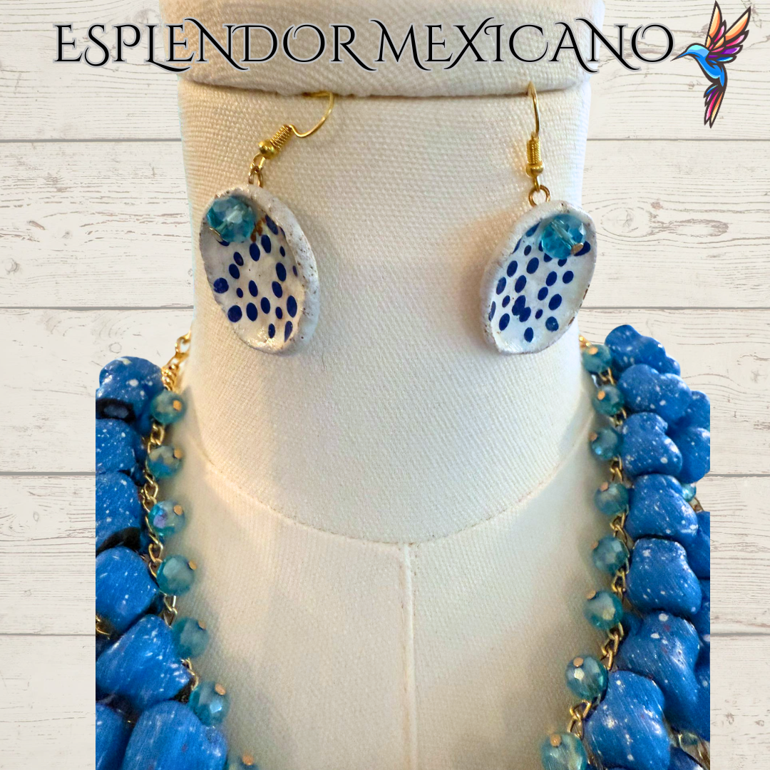 💙🩵 Fiesta Dreams Statement Necklace Set – Talavera Clay Jarritos, Platitos & Glass Beads