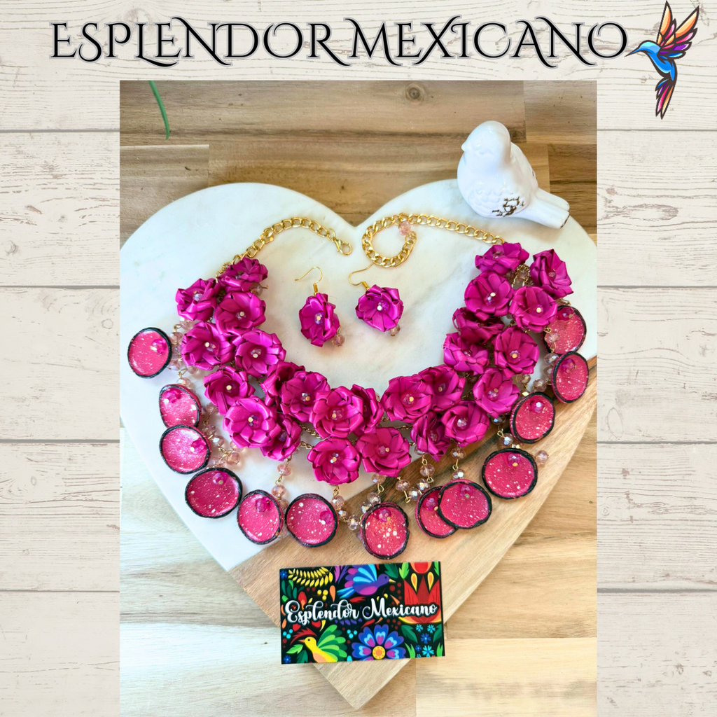 🌸 Fiesta Dreams Statement Necklace Set – Hand-Painted Talavera & Palm