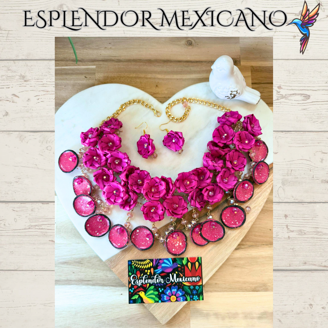 🌸 Fiesta Dreams Statement Necklace Set – Hand-Painted Talavera & Palm