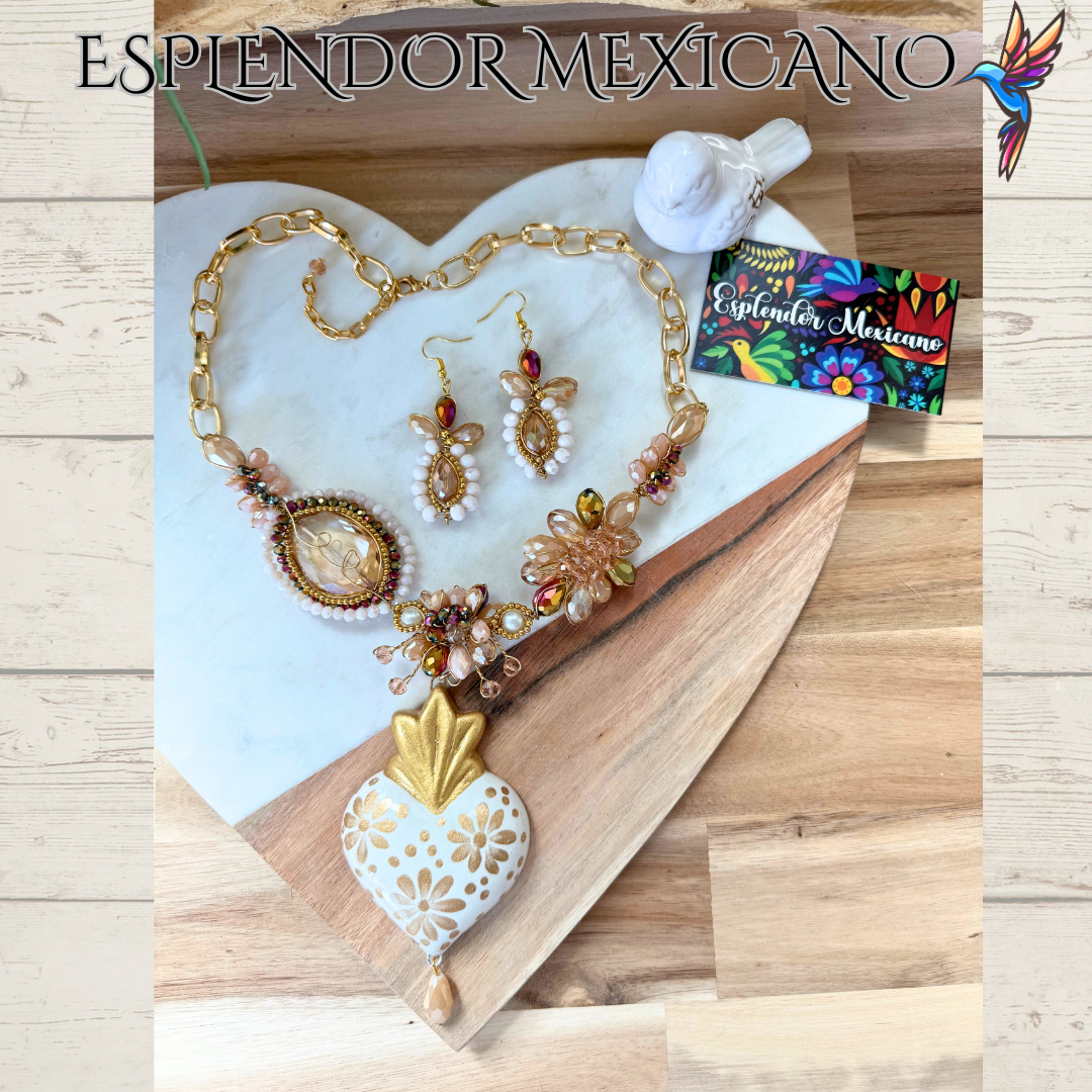 💛✨ Nude Floral Heart Necklace Set – Handmade in Mexico