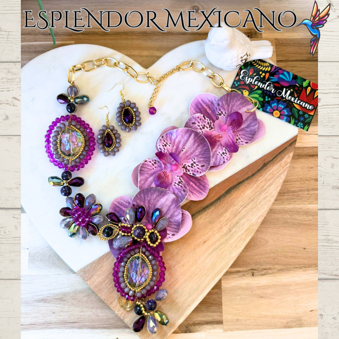🌸 Orchid Statement Necklace Set – Handmade in Mexico