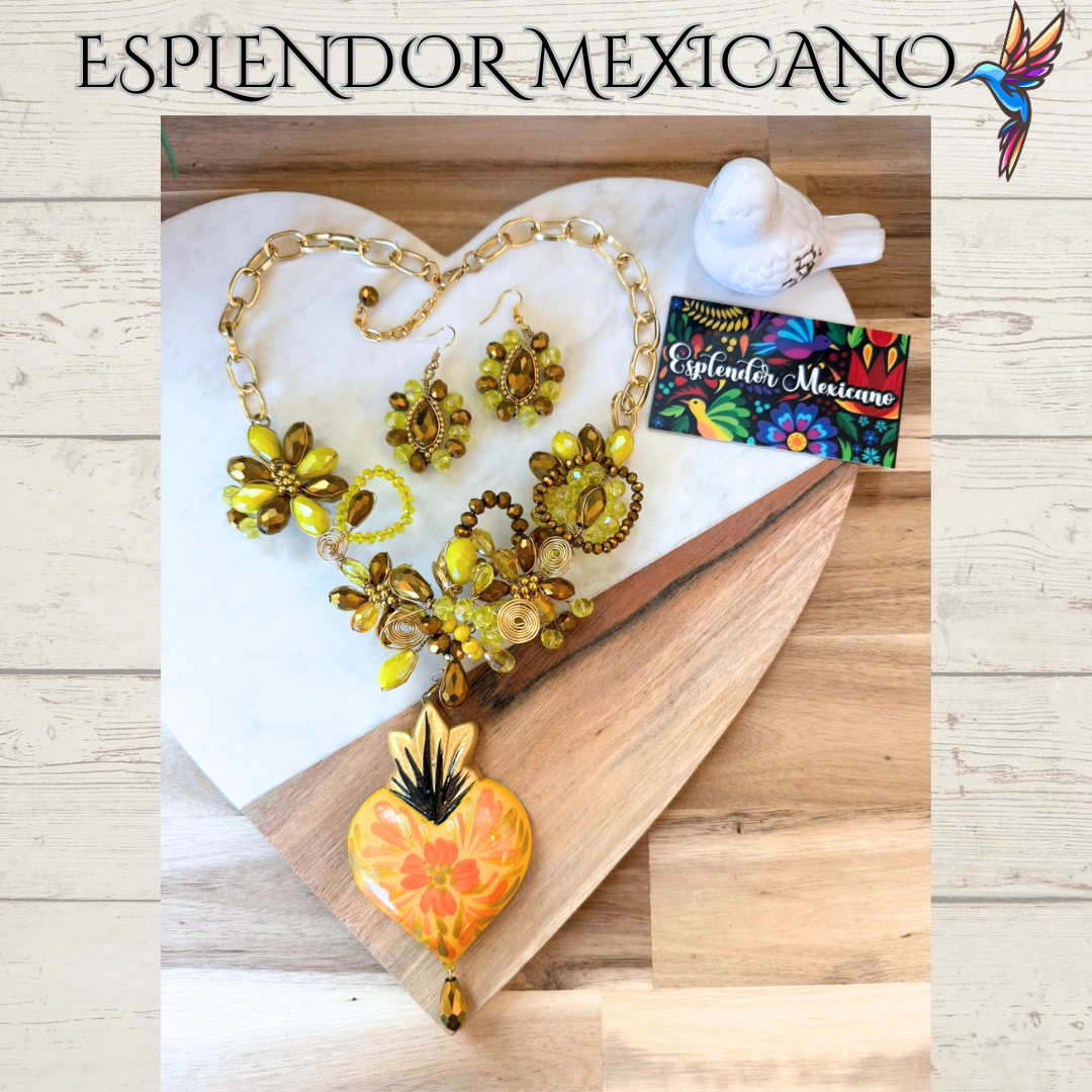 🧡💛 Floral Heart Necklace Set – Hand-Painted Ceramic & Beads | Handmade in Mexico
