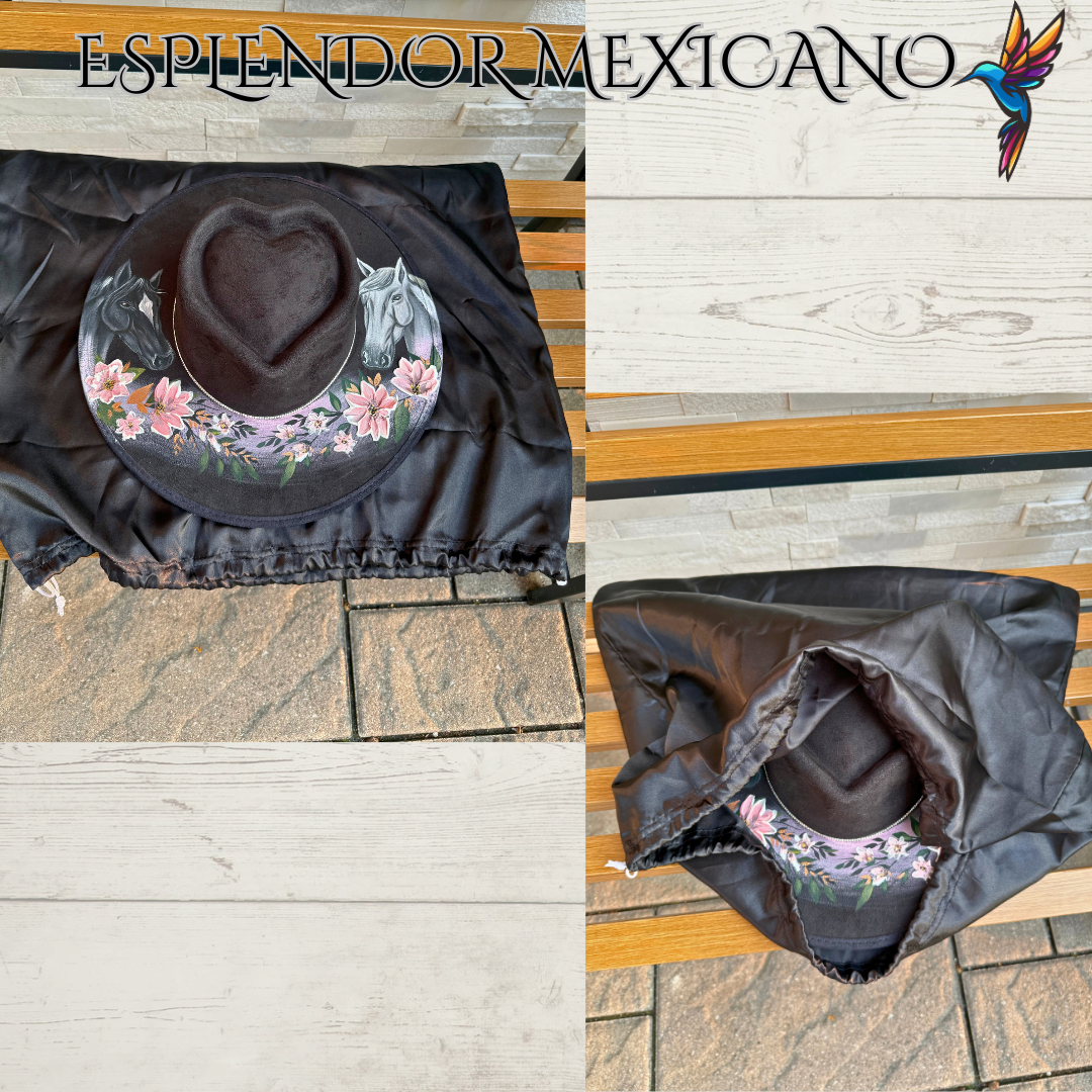 🖤 Heart-Shaped Suede Cowgirl Hat – Hand-Painted Horses & 3D Flowers