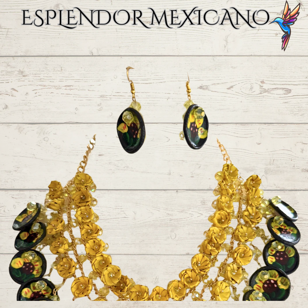 🌸 Fiesta Dreams Statement Necklace Set – Hand-Painted Talavera & Palm
