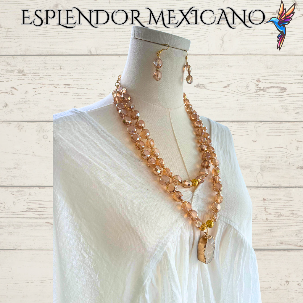 Beaded Golden Honey Faceted Cut Glass with Natural Stone pendant Necklace