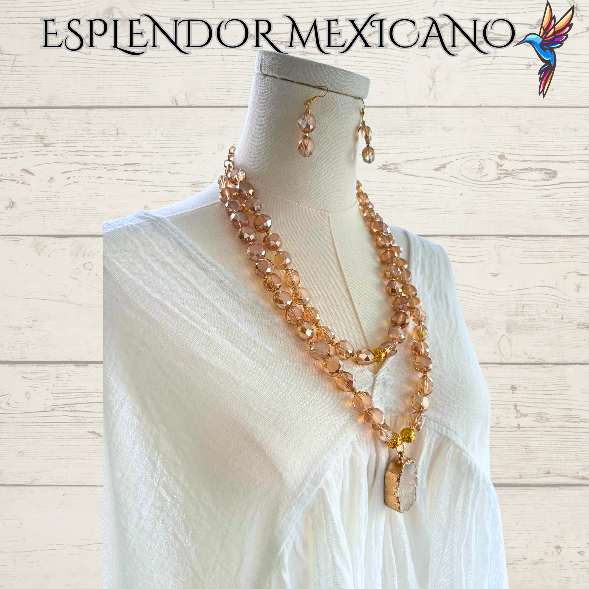 Beaded Golden Honey Faceted Cut Glass with Natural Stone pendant Necklace