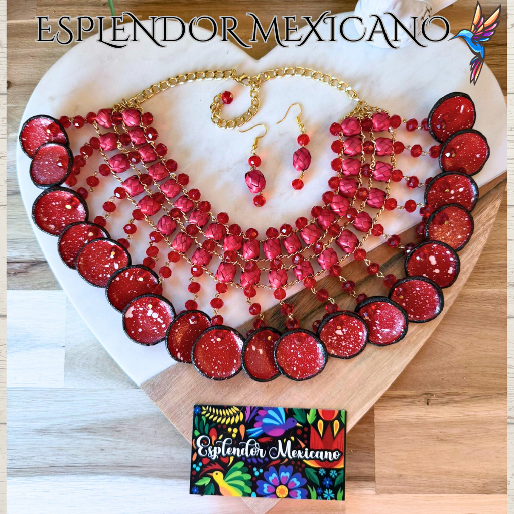 ❤️ Fiesta Dreams Statement Necklace Set – Talavera Clay Platitos, Palm & Glass Beads