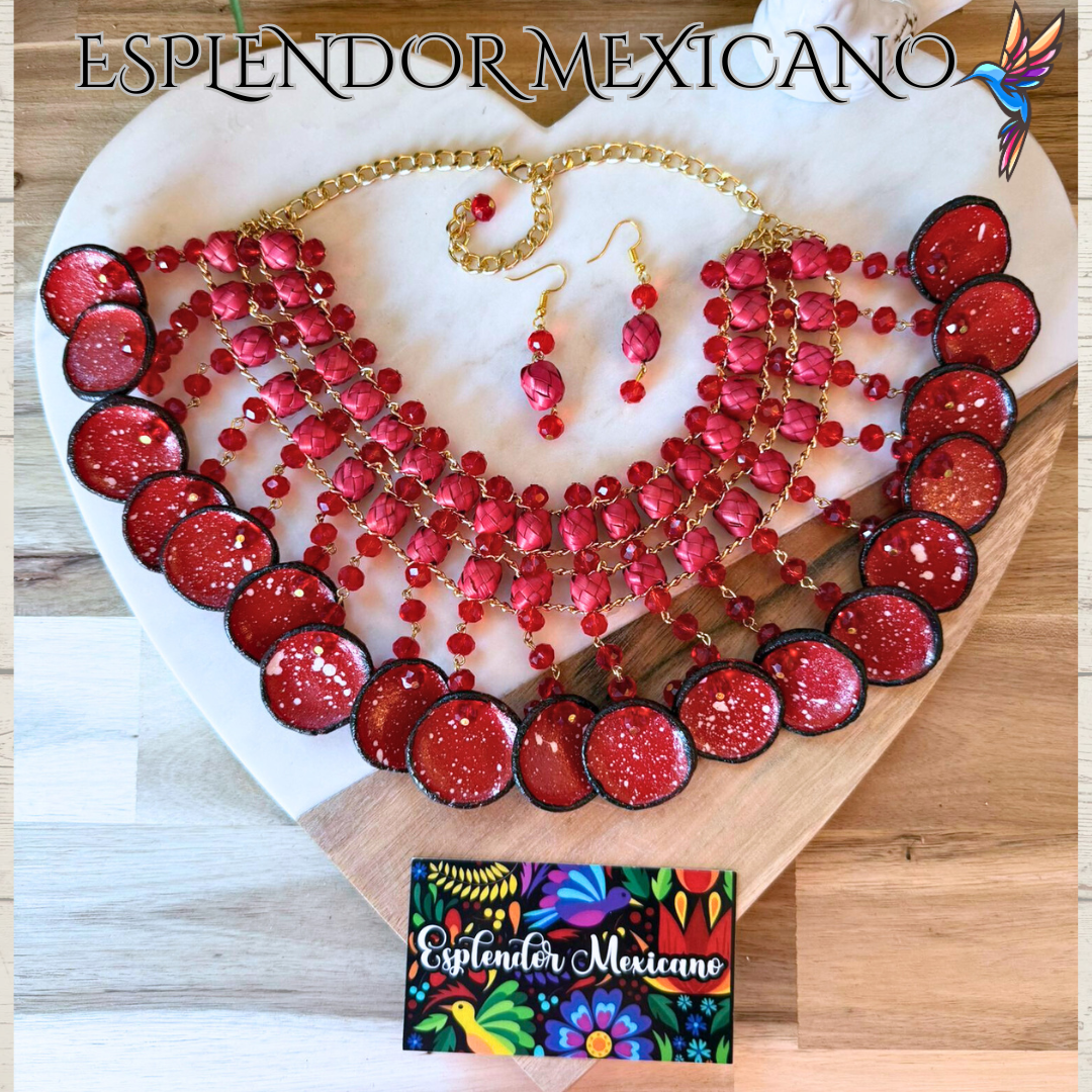 ❤️ Fiesta Dreams Statement Necklace Set – Talavera Clay Platitos, Palm & Glass Beads
