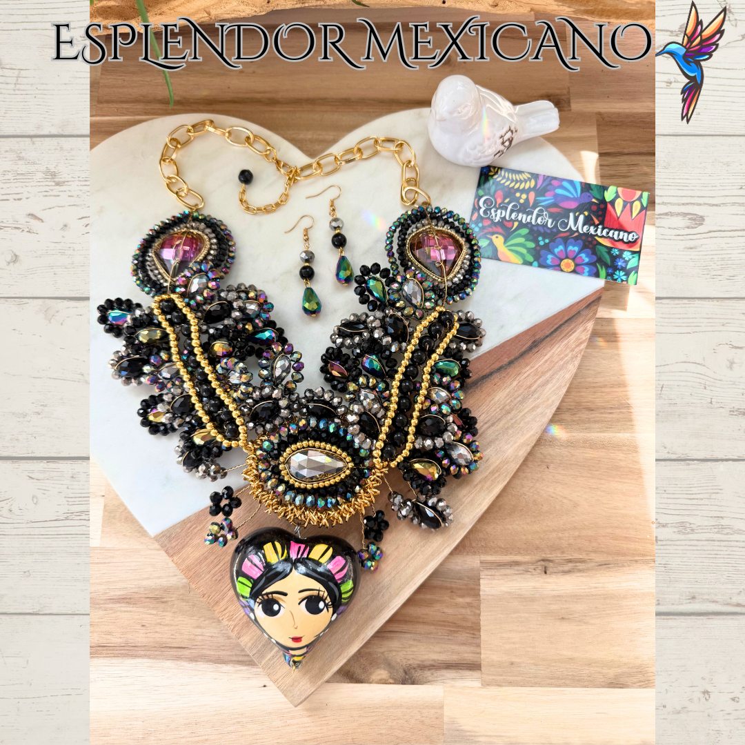 🤍✨ Bedazzled Skull Necklace Set – Handmade in Mexico
