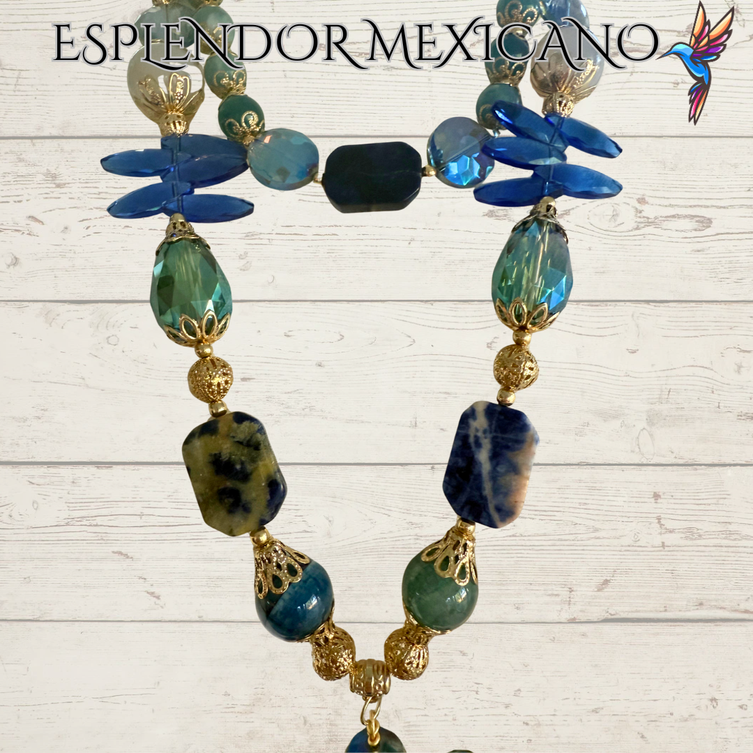 💙 Golden Handmade Necklace with Blue & Turquoise Gemstones – Artisan Jewelry from Mexico