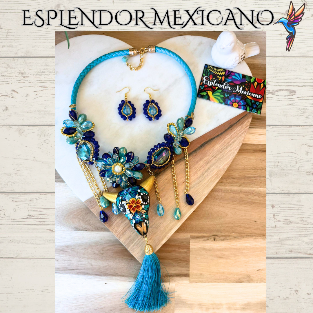 💙🩵💚 Teal & Blue Skull Necklace Set – Handmade in Mexico