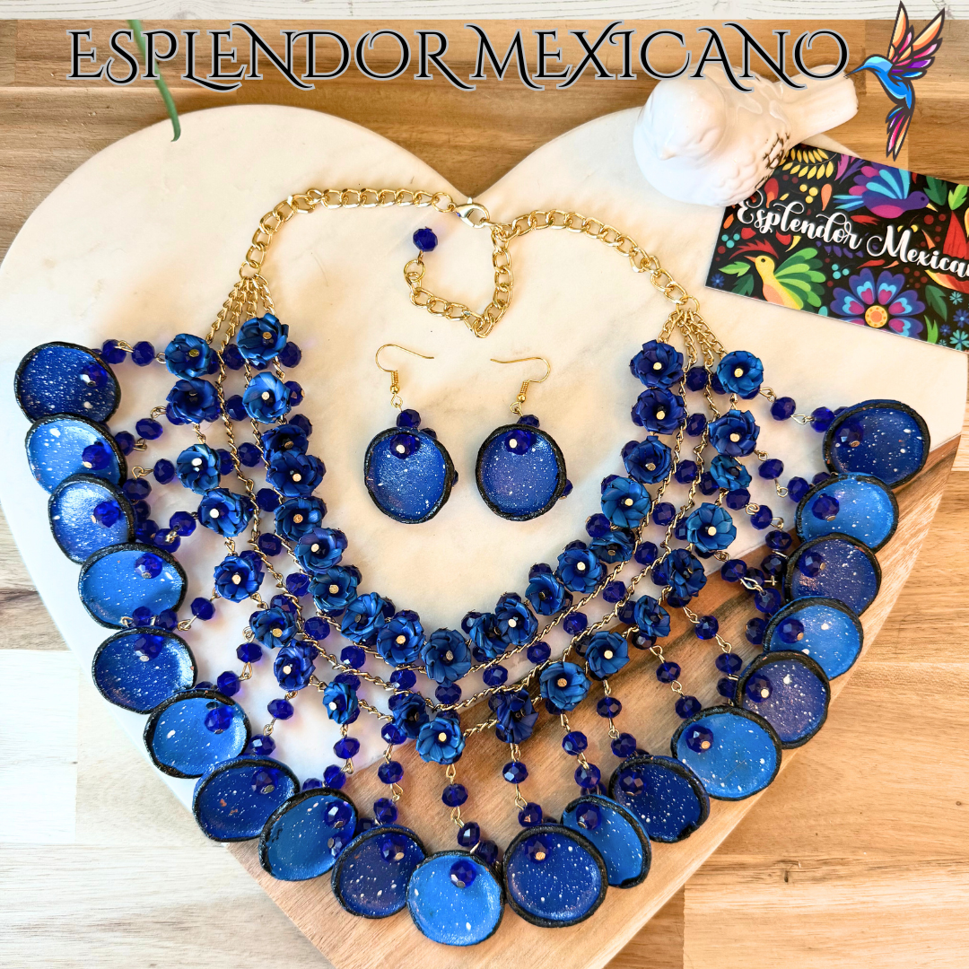 💙 Fiesta Dreams Statement Necklace Set – Talavera Clay, Palm & Glass Beads