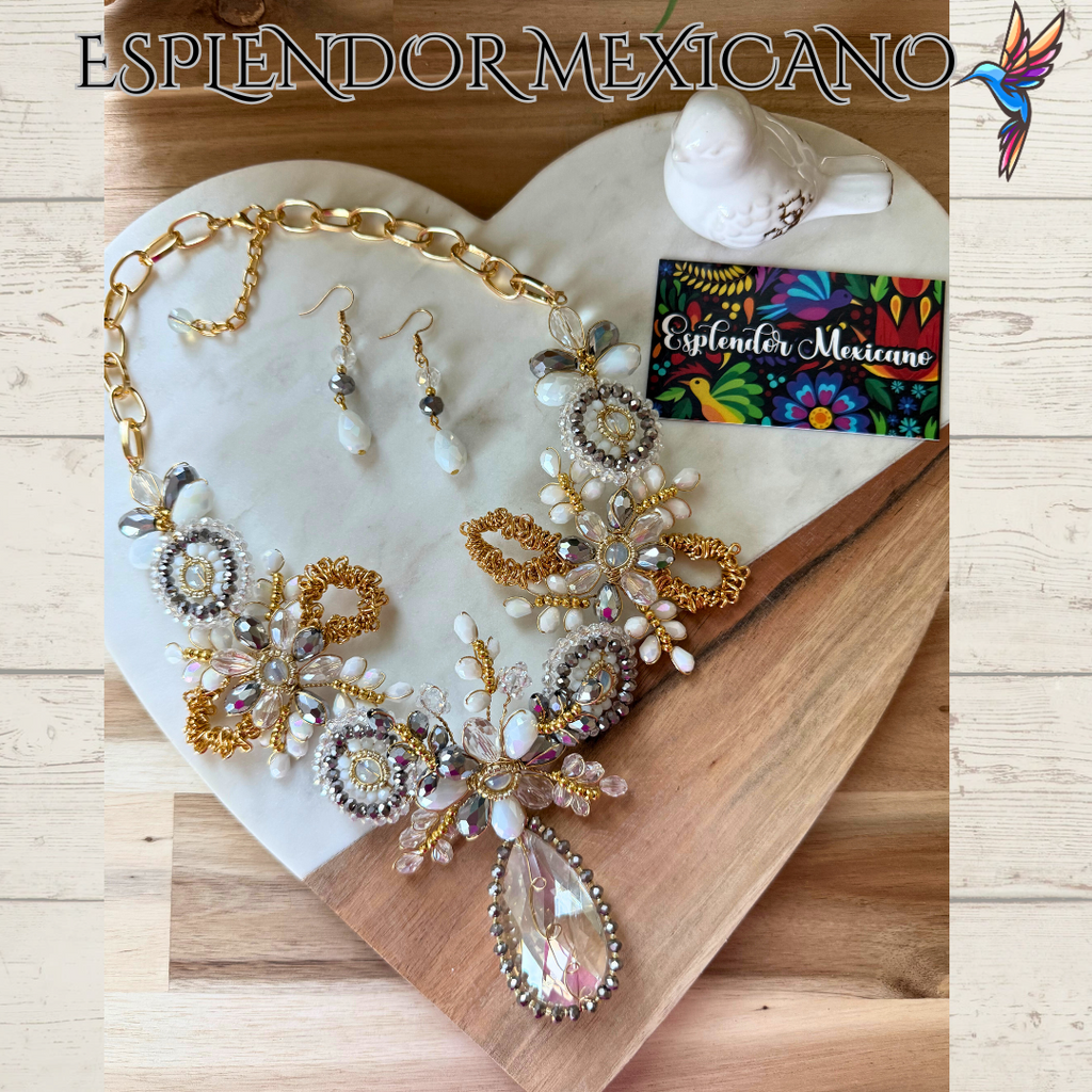 🤍✨ White & Gold Tear Drop Beaded Necklace Set – Handmade in Mexico
