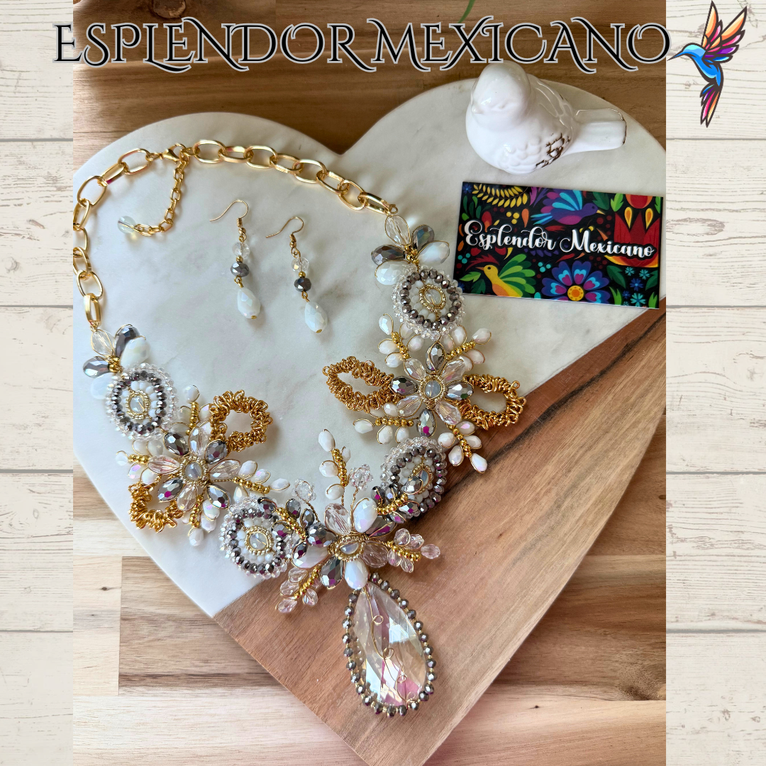 🤍✨ White & Gold Tear Drop Beaded Necklace Set – Handmade in Mexico