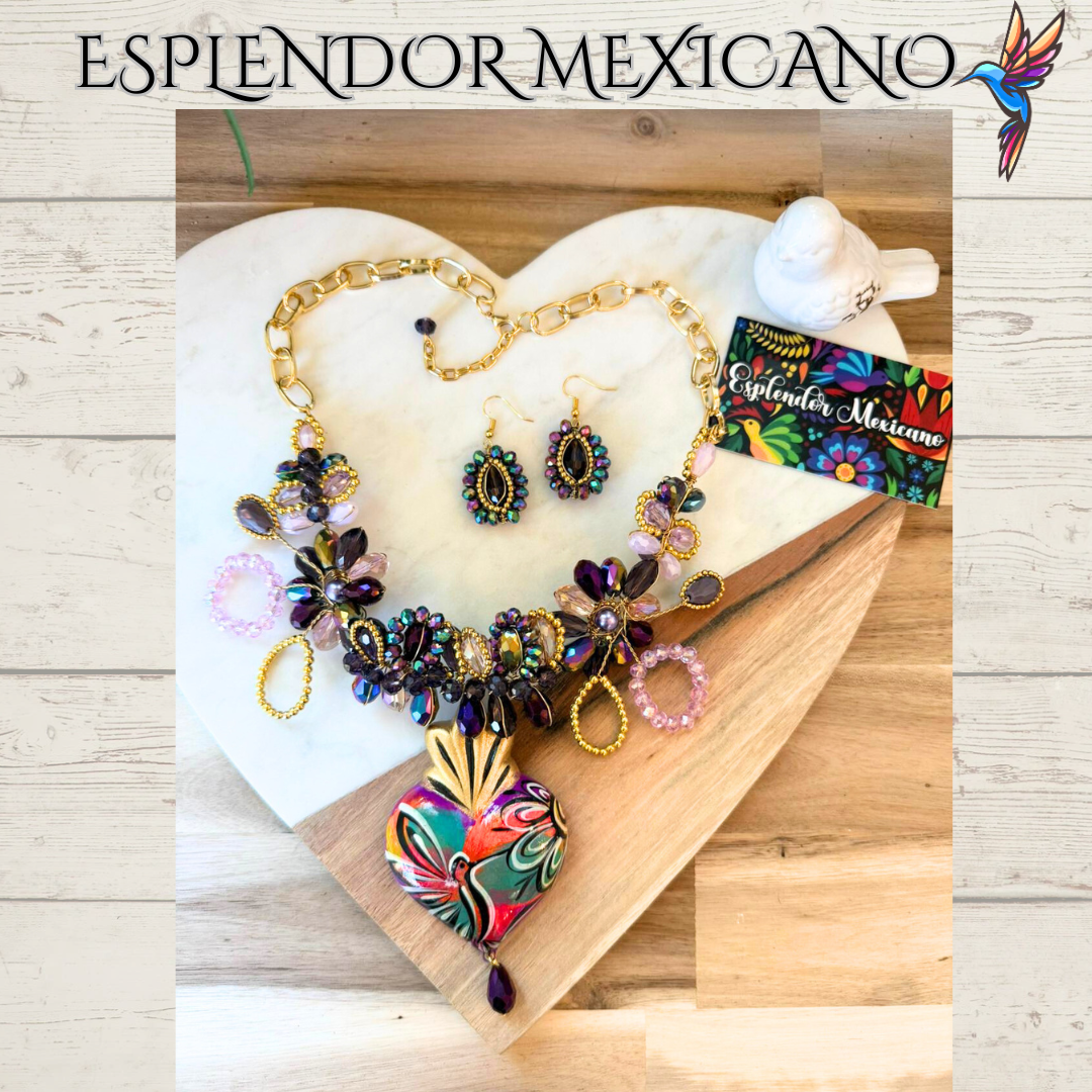💜💛 Floral Heart Necklace Set – Hand-Painted Ceramic & Beads | Handmade in Mexico
