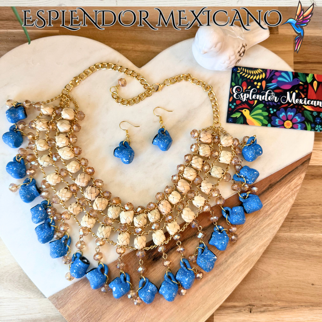 Fiesta Dreams Statement Necklace Set – Hand-Painted Jarritos, Palm & Glass Beads
