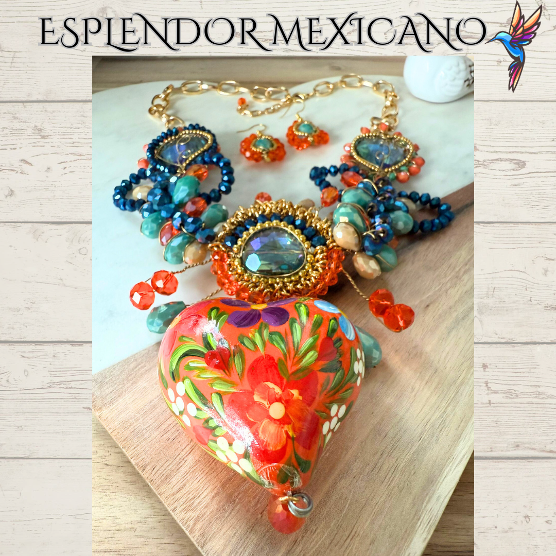 🧡💙 Floral Heart Necklace Set – Handmade in Mexico