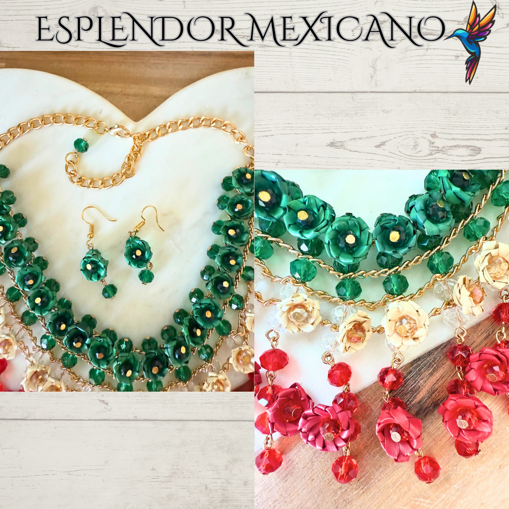 💚🤍❤️ Natural Palm Statement Necklace Set – Handmade & Glass Beads