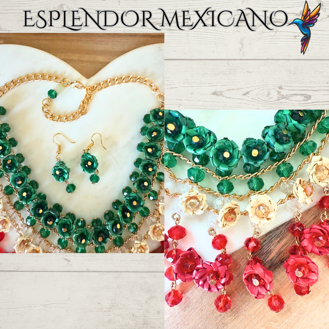 💚🤍❤️ Natural Palm Statement Necklace Set – Handmade & Glass Beads