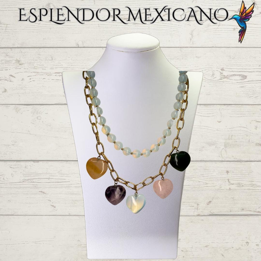 Mexican handmade Moonstone,Agate, Quartz Necklace Set/Natural Stone Healing Crystal Spiritual Protection Gift/Beaded Stone Necklace/Hearts