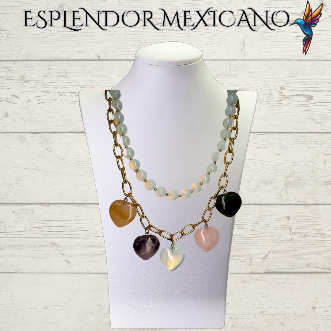 Mexican handmade Moonstone,Agate, Quartz Necklace Set/Natural Stone Healing Crystal Spiritual Protection Gift/Beaded Stone Necklace/Hearts