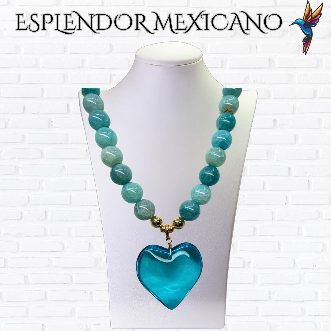 Mexican handmade Blue Agate Heart Necklace / Natural Stone Healing Crystal Spiritual Protection Gift / Glass heart / Beaded Stone Necklace