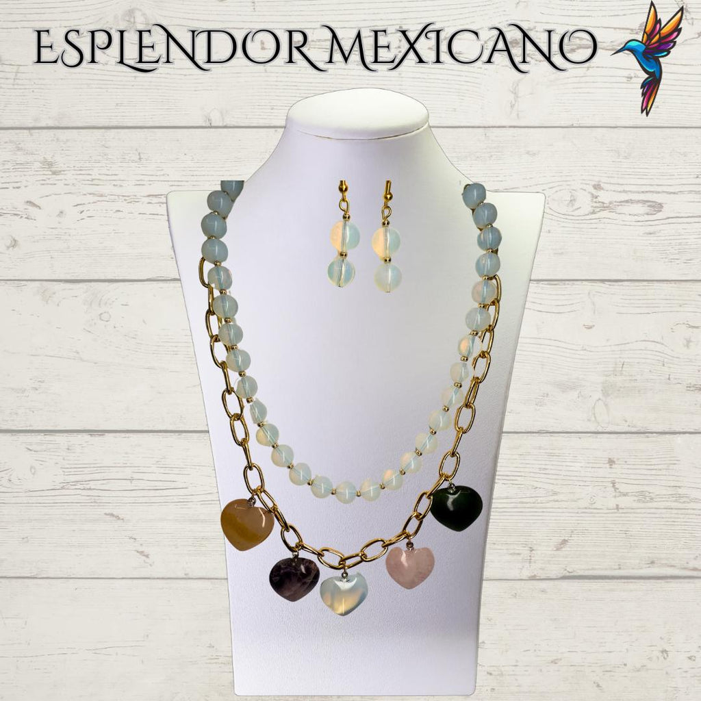 Mexican handmade Moonstone,Agate, Quartz Necklace Set/Natural Stone Healing Crystal Spiritual Protection Gift/Beaded Stone Necklace/Hearts