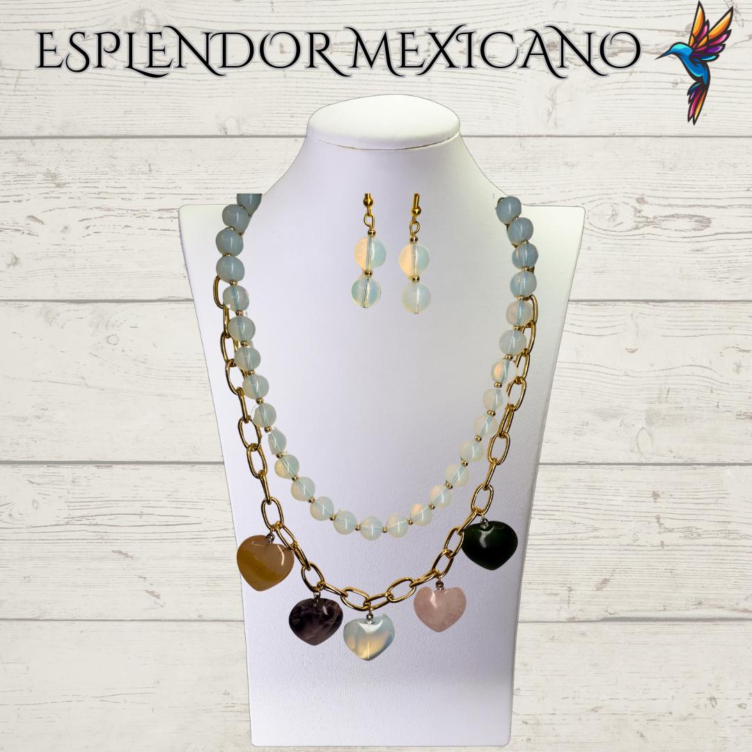 Mexican handmade Moonstone,Agate, Quartz Necklace Set/Natural Stone Healing Crystal Spiritual Protection Gift/Beaded Stone Necklace/Hearts