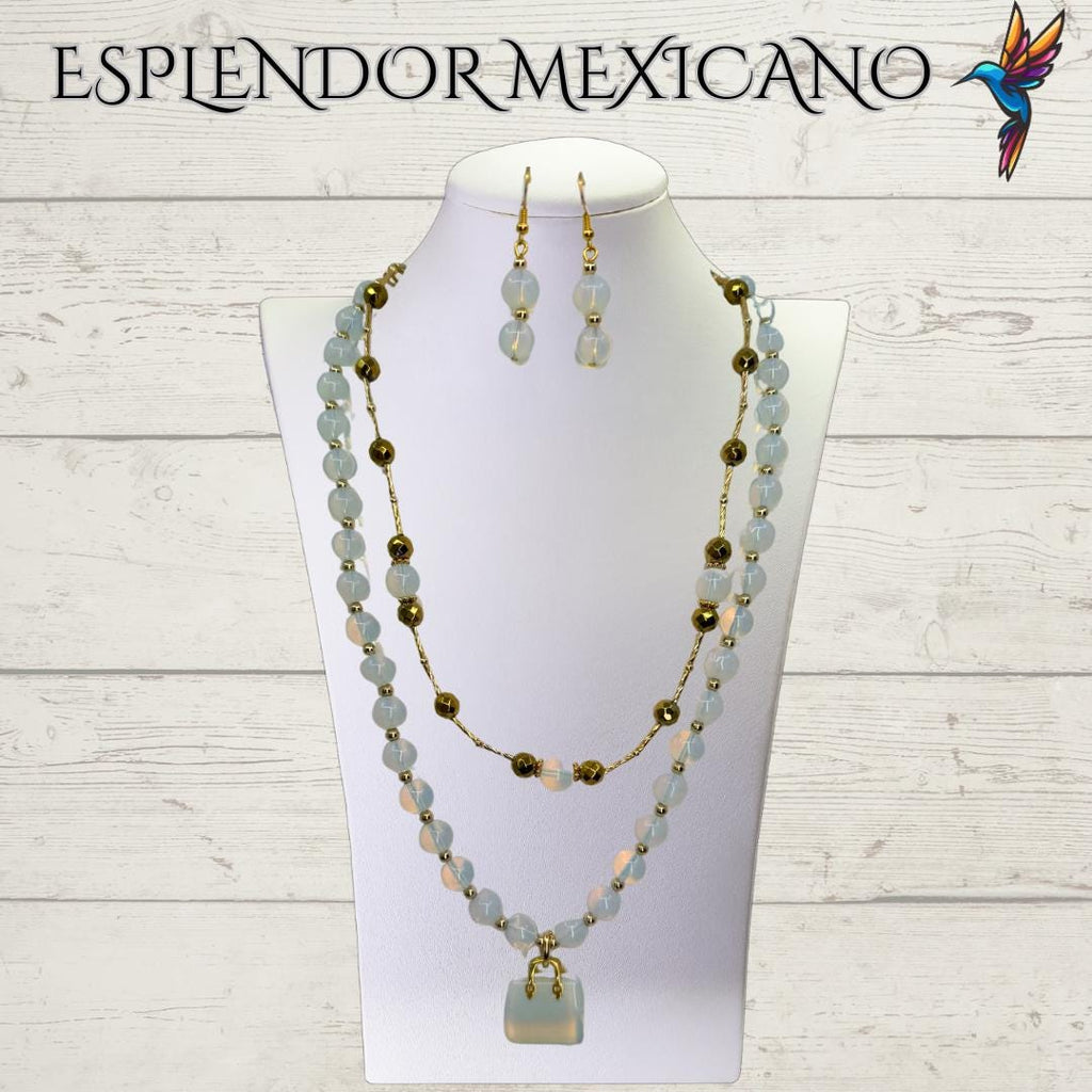 Mexican handmade Moonstone Necklace Set/Natural Stone Healing Crystal Spiritual Protection Gift/ Beaded Stone Necklace /Health benefit stone