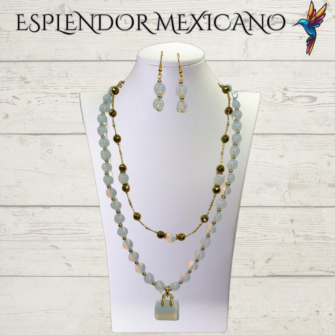 Mexican handmade Moonstone Necklace Set/Natural Stone Healing Crystal Spiritual Protection Gift/ Beaded Stone Necklace /Health benefit stone