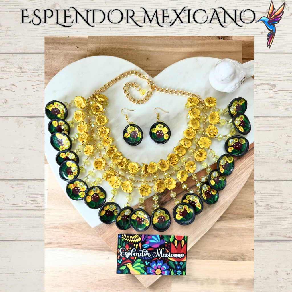 🌸 Fiesta Dreams Statement Necklace Set – Hand-Painted Talavera & Palm