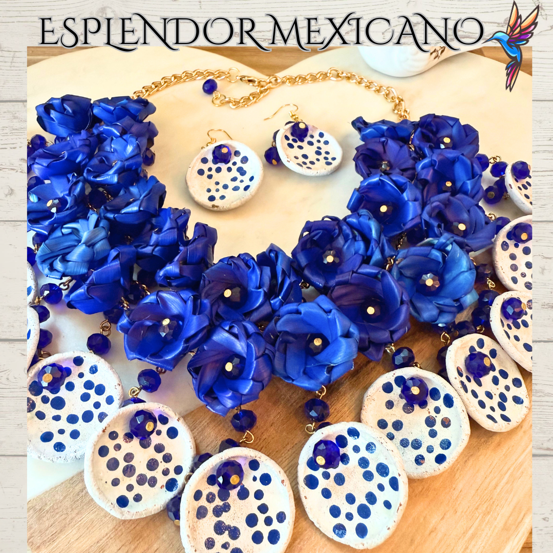 💙🤍 Fiesta Dreams Statement Necklace Set – Talavera Clay, Palm & Glass Beads