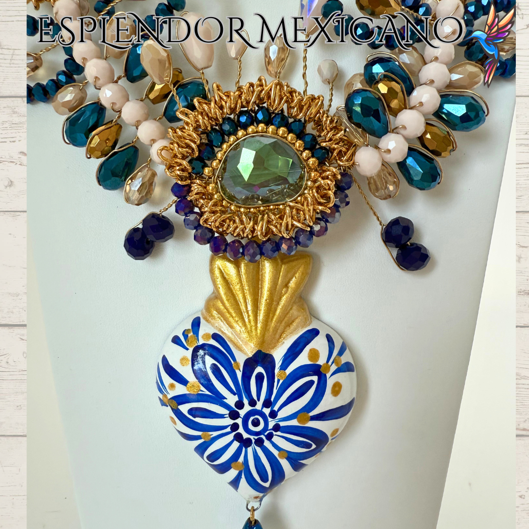 💙 Blue & Gold Ceramic Heart Necklace Set – Handmade