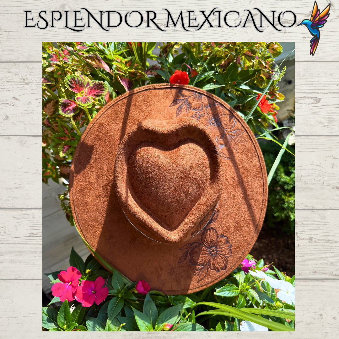 🤎 Hand-Burned Suede Cowgirl Hat – Hummingbird & Floral Design
