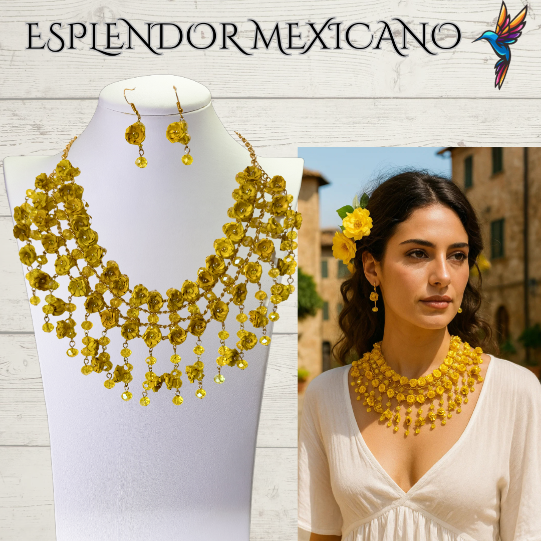 Mexican Artisanal Palm Flower Necklace Jewelry Set with Glass Beads