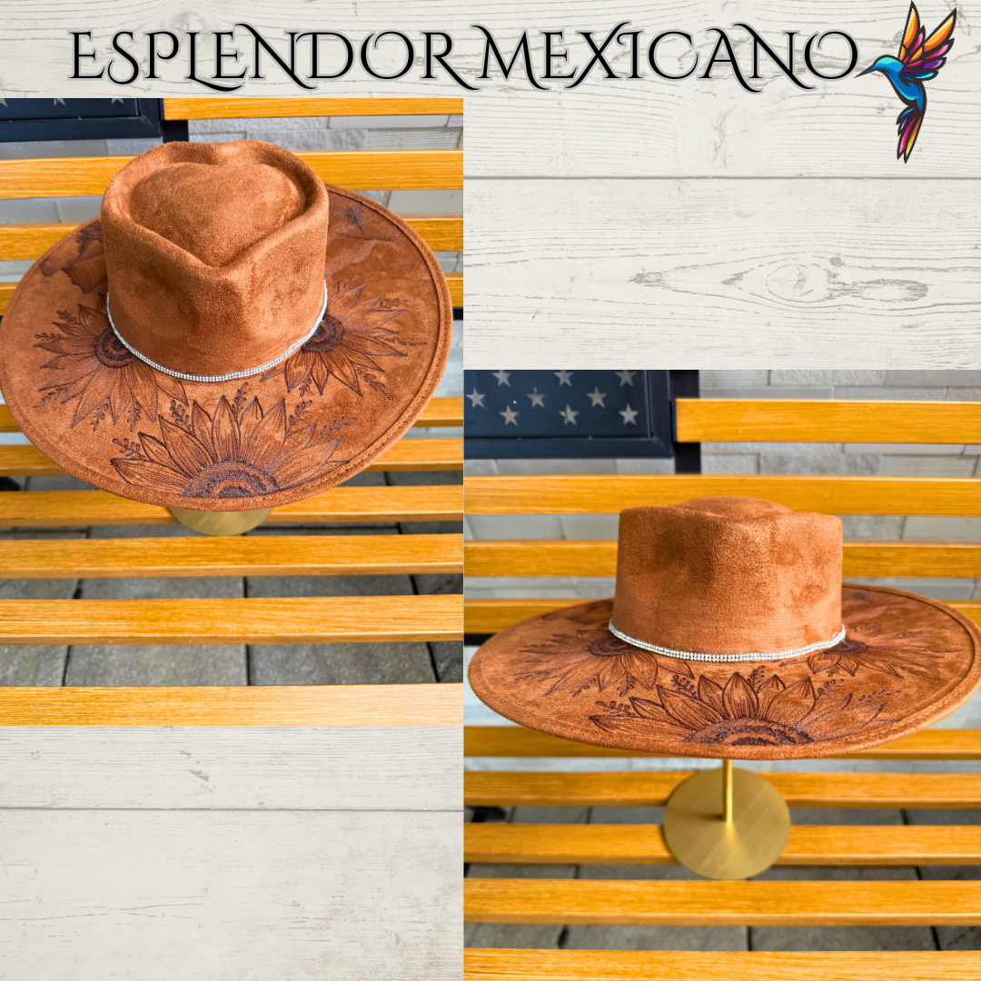 🤎 Hand-Burned Suede Cowgirl Hat – Horse, Flowers & Mountains