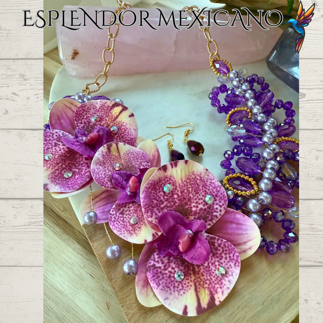 🌸 Orchid Statement Necklace Set – Handmade in Mexico