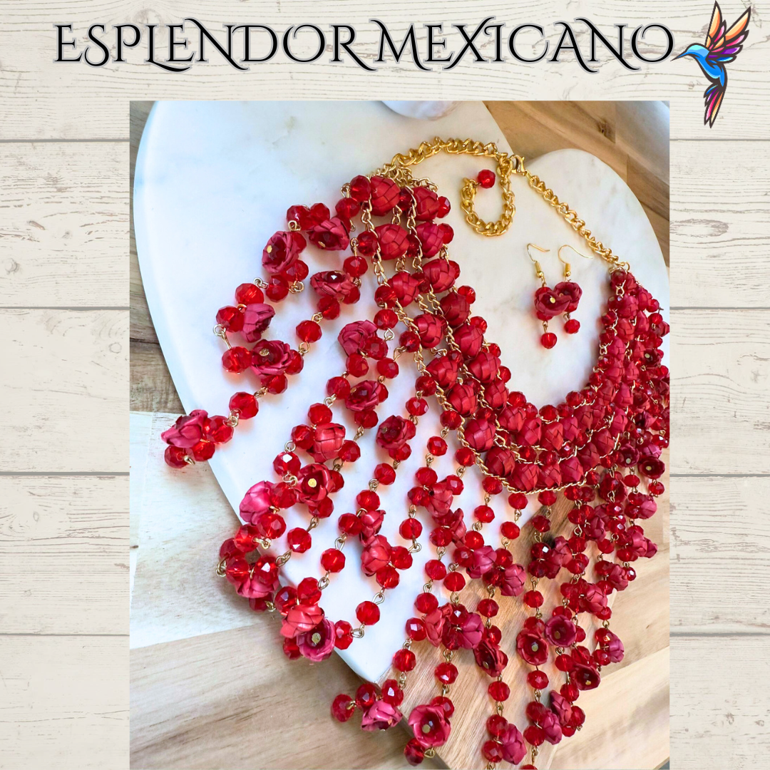 ❤️ Cascada Roja Statement Necklace Set – Hand-Painted Palm & Beads
