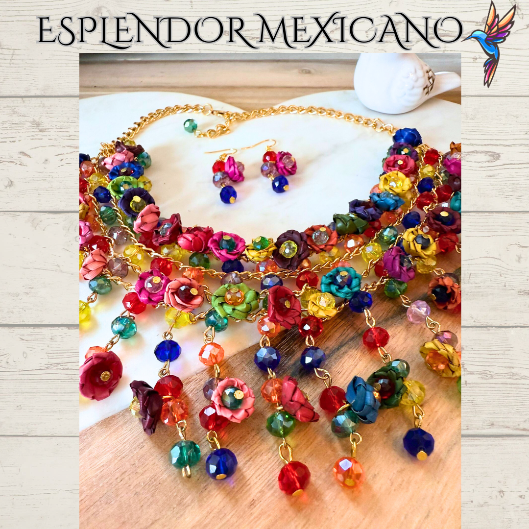 💙🩷💚 Palm Statement Necklace Set – Handmade in Mexico