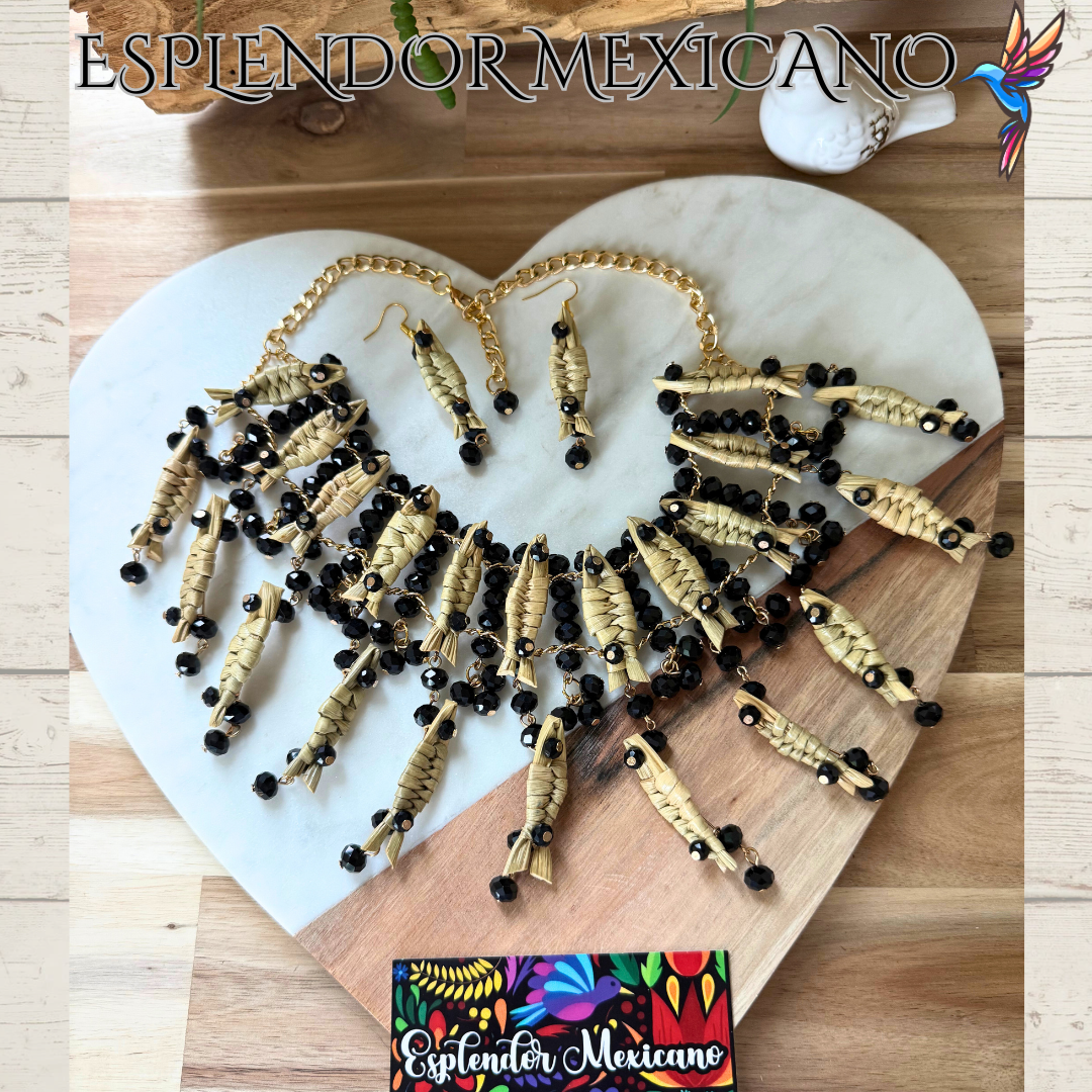 Mexican Artisanal Palm Fish Necklace Jewelry Set with Glass Beads