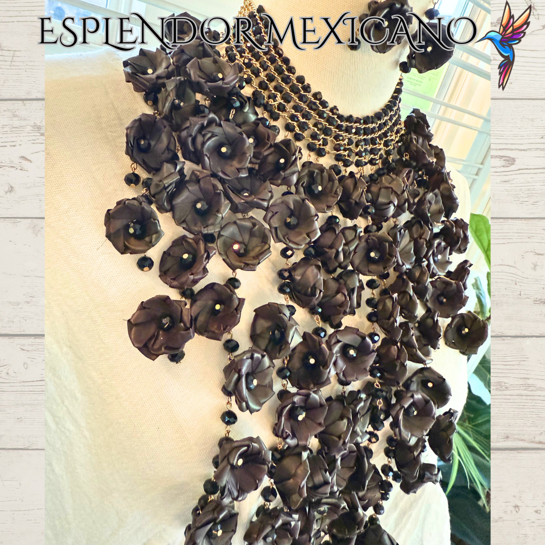 🖤 Natural Palm Statement Necklace Set – Handmade with Glass Beads