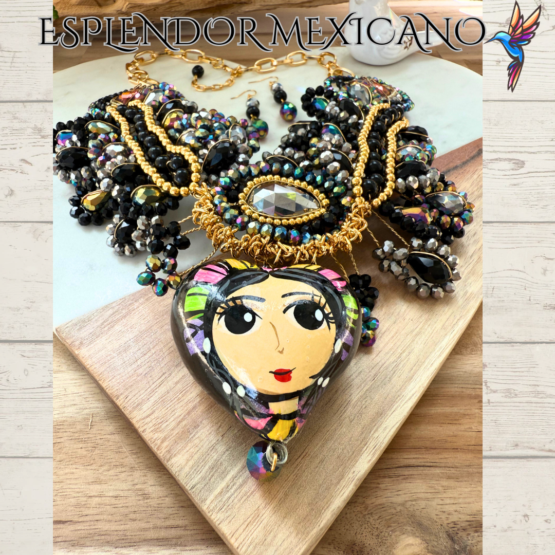 🤍✨ Bedazzled Skull Necklace Set – Handmade in Mexico