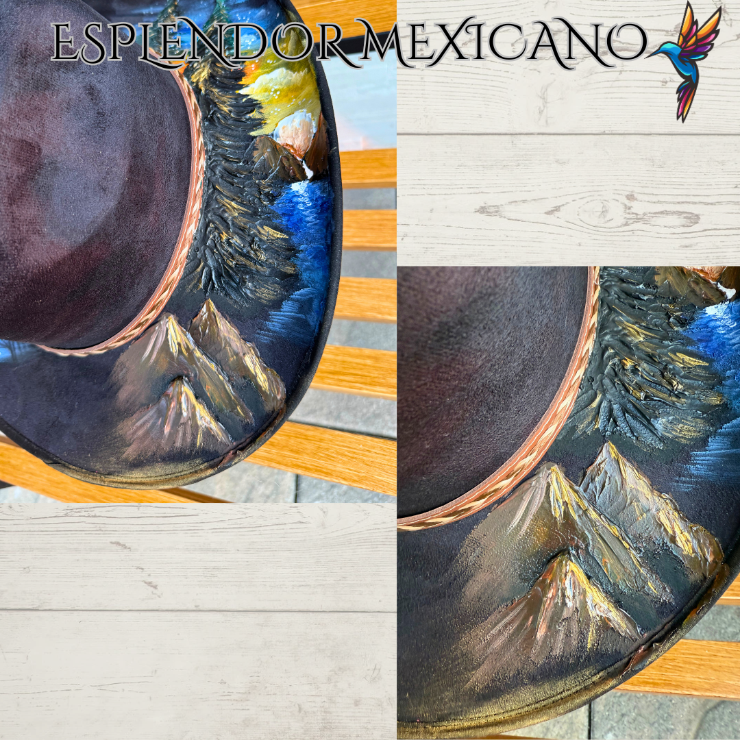 🖤 Western Suede Cowgirl Hat – Hand-Painted Wolf & Mountain Scene