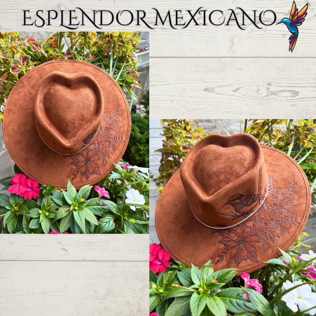 🤎 Hand-Burned Suede Cowgirl Hat – Bird & Floral Design