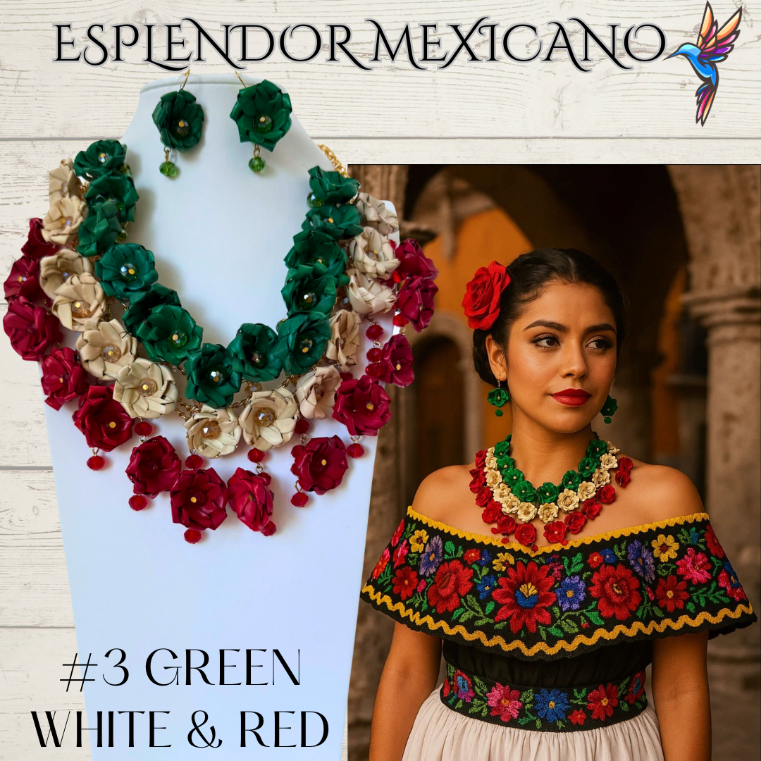 ❤️🤍💚💙 Rosalía Bloom Statement Necklace Set – Handmade Palm & Glass Beads