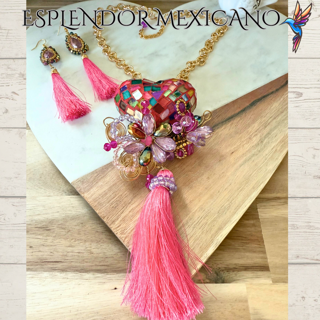🩷 Multi-Color Heart Necklace Set – Handmade Clay & Glass
