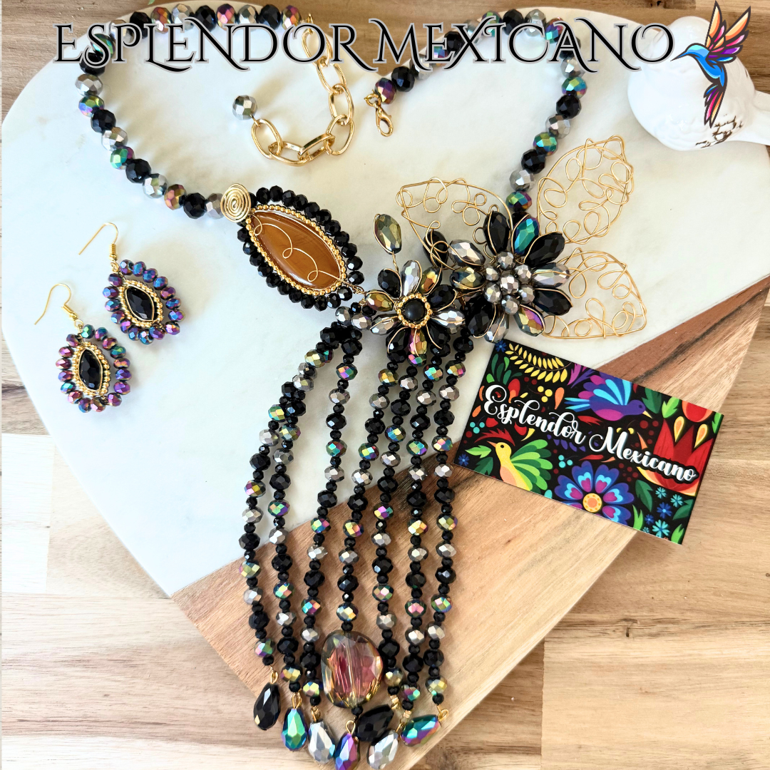 🖤💛 Handmade Floral Cascade Necklace Set
