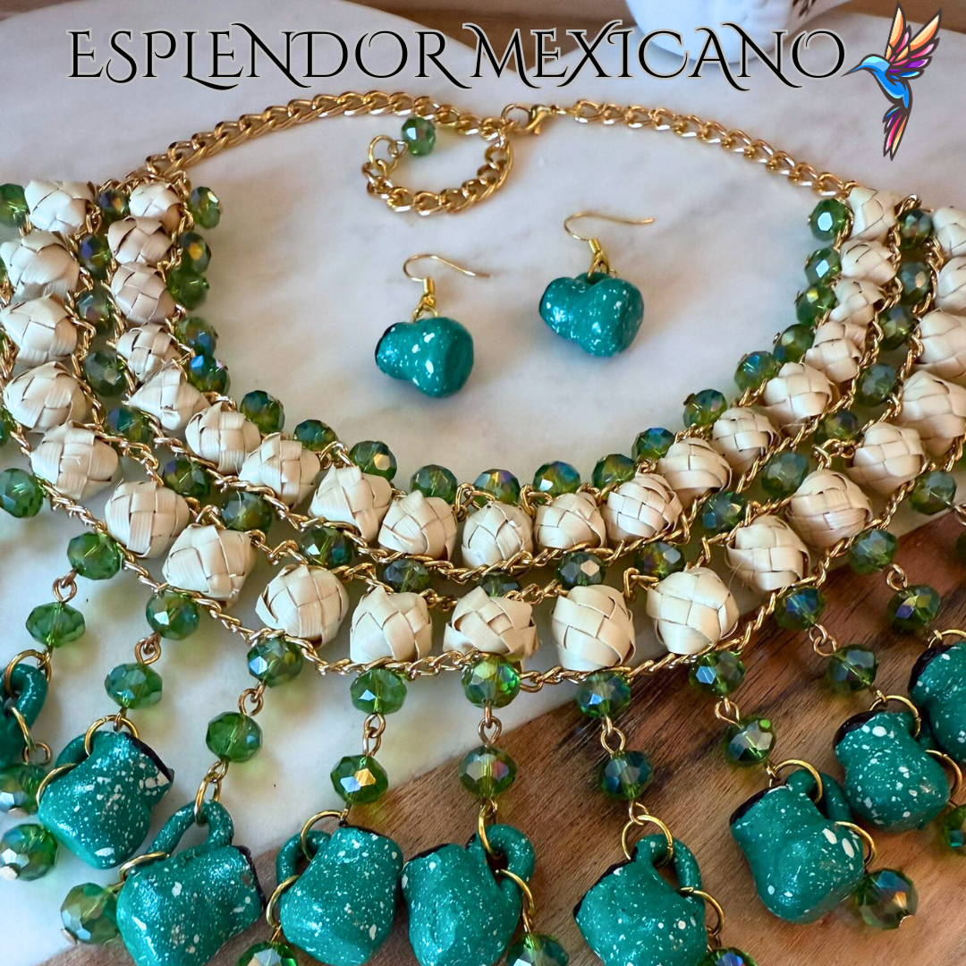 💚 Fiesta Dreams Statement Necklace Set – Talavera Clay Platitos, Palm & Beads