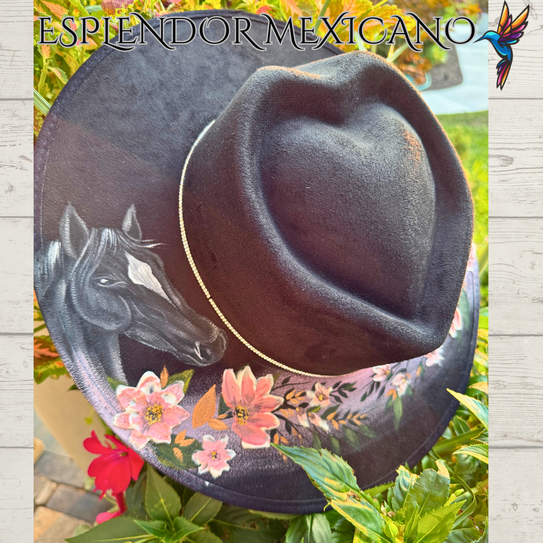 🖤 Heart-Shaped Suede Cowgirl Hat – Hand-Painted Horses & 3D Flowers