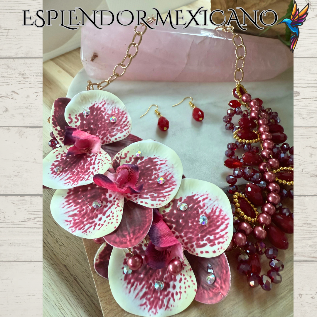 🌸 Bold Orchid Necklace Set – Handmade in Mexico